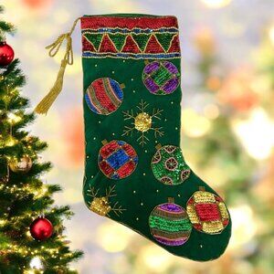 Handmade Green Velvet Christmas Stocking Sequined Ornament Applique Embroidery